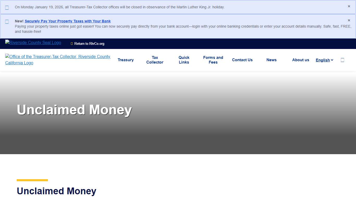 Unclaimed Money Office of the Treasurer-Tax Collector, Riverside County, California